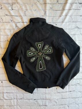 Twisted Heart Y2K Hooded Sweatshirt Beaded Black Small Vtg Track Jacket